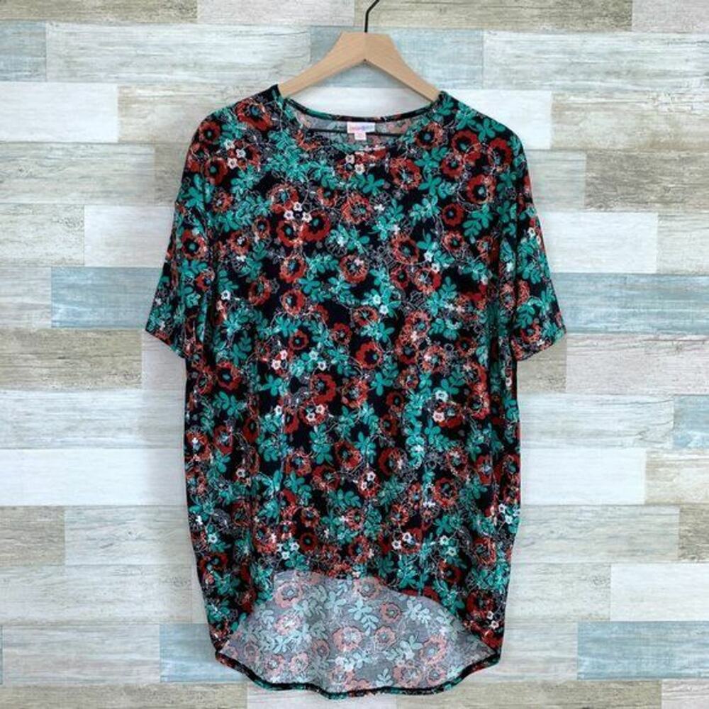 LuLaRoe Irma High Low Tunic Top Black Green Red Floral Print Womens XS